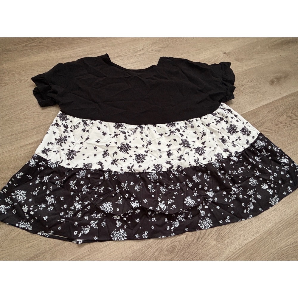 Black White Floral Tiered Ruffle Babydoll Top Short Sleeve Blouse XL